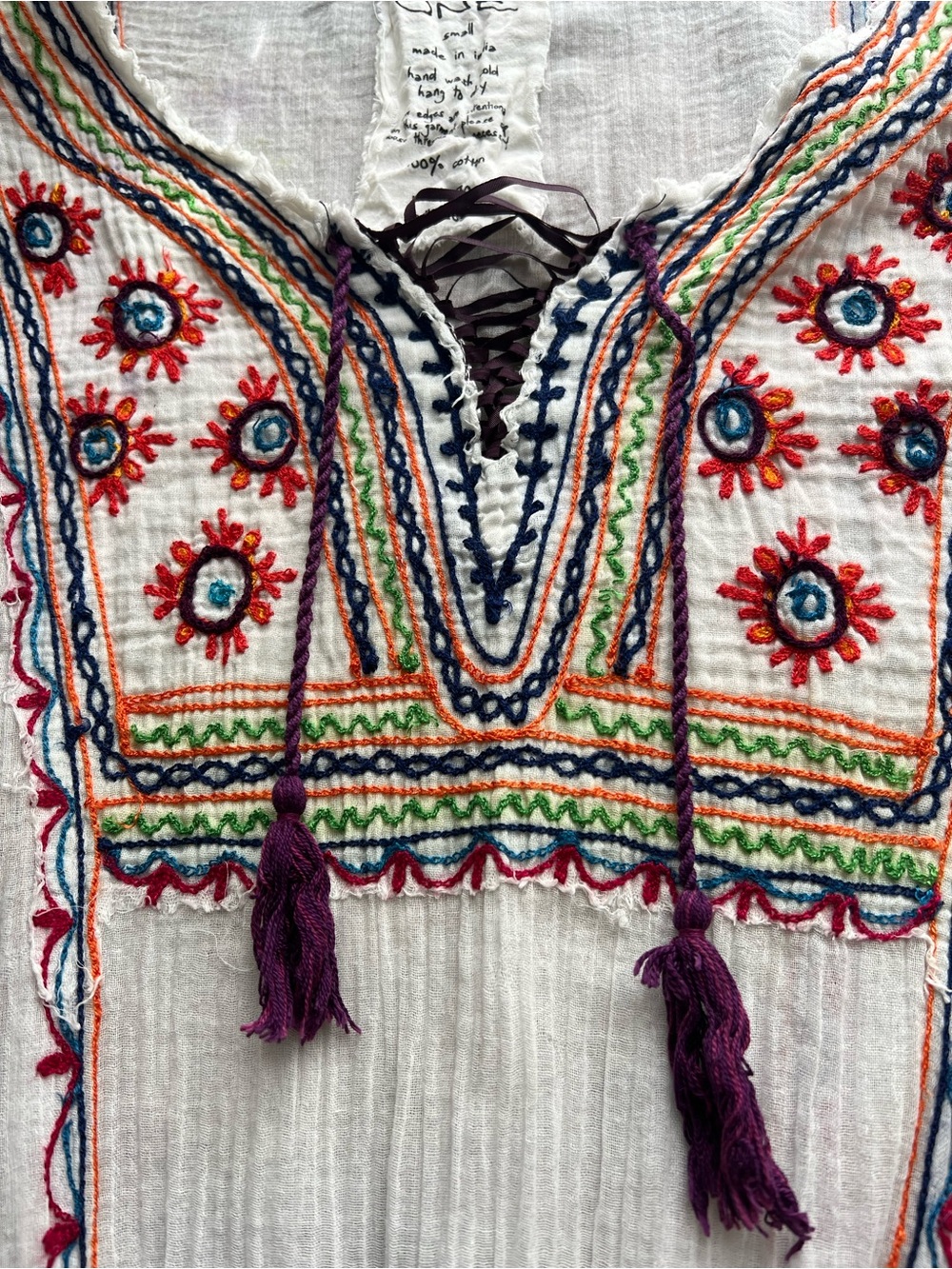 Free People FP One Fez Embroidered Gauze Mini Dress White Boho Tassel Small - Picture 4 of 11